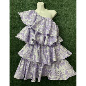 ASOS Luxe Dress Ruffles Tiered One Shoulder Mini Jacquard Women Size 6 Floral